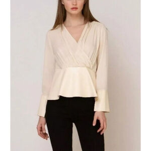 Women's Gracia Beige Faux Leather Trim Peplum Blouse Size L